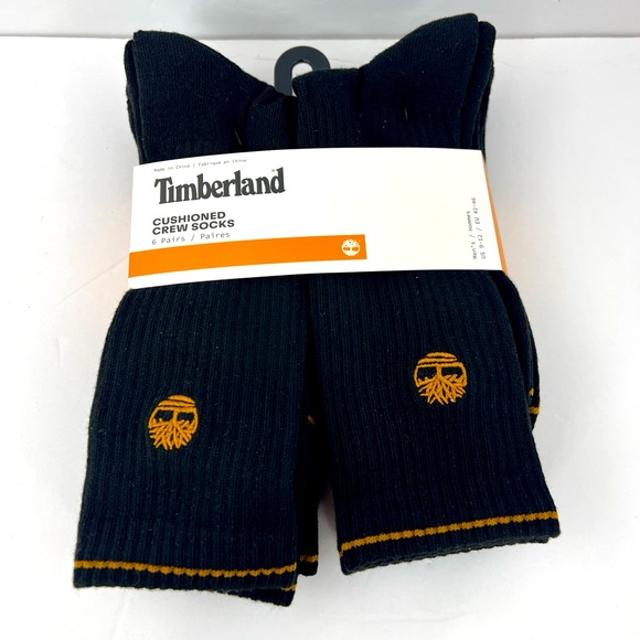 TIMBERLAND, CUSHIONED CREW SOCKS, SIX PAIRS, MEN’S BLACK WITH ORANGE LOGO - Picture 8 of 16